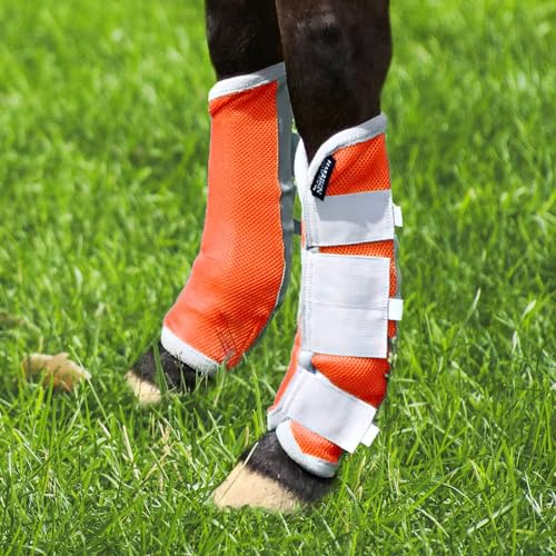 Image of Harrison Howard Horse Fly Boots Leg Guards Fly Boots Protection Set of 4 Orange Full Size