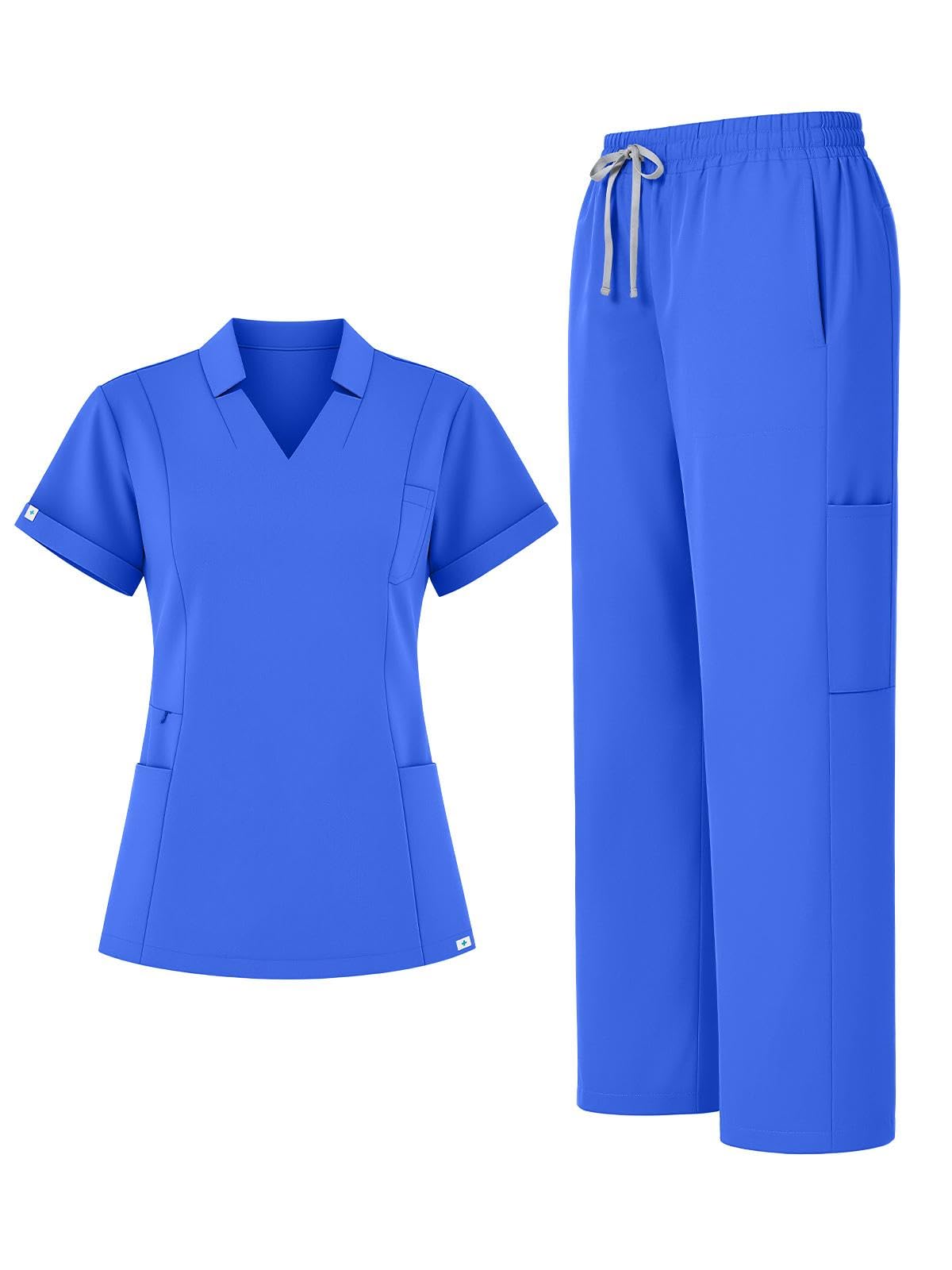 Scrubs for Women Set, Notched V-Neck Top &amp; Straight-Leg Pants