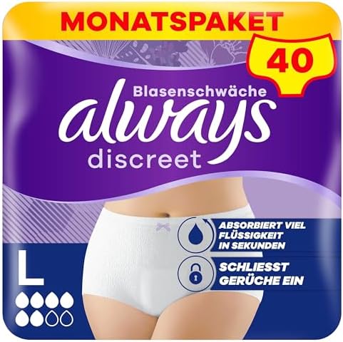 Always Discreet Inkontinenz-Höschen Normal Monatspaket bei Blasenschwäche, Größe L, 40 Höschen (4 Packungen x 10 Stück)