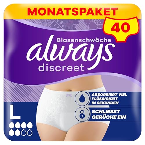 Always Discreet Inkontinenz Pants Gr. L, Normal, 40 Höschen (4 x 10 Stück) Monatspaket, diskreter Schutz & hohe Saugstärke, geruchsneutralisierend