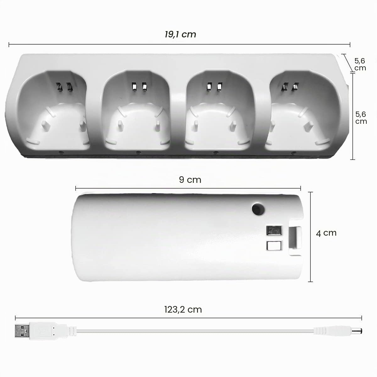 Puseky Station de Chargement pour Wii, 4 en 1 Manette Station de Chargement avec Indicateurs LED 4 pièces 2800mAh Batterie Rechargeable Paquet pour Télécommande Wii