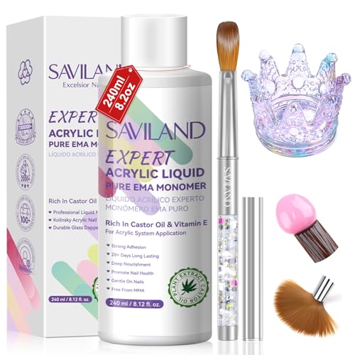 Saviland Juego de líquido acrílico de 240 ml: monómero para uñas acrílicas con cepillo acrílico