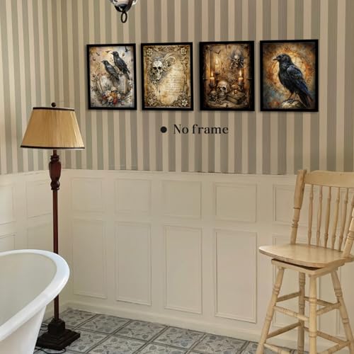 Image of WEFKODO Vintage Moody Gothic Wall Decor Skull Prints, Vintage Crow Goth Dark Academia Wall Art Posters 4Pcs, Gothic Decor for Home Bedroom Bathroom Dorm College, 8x10 Unframed