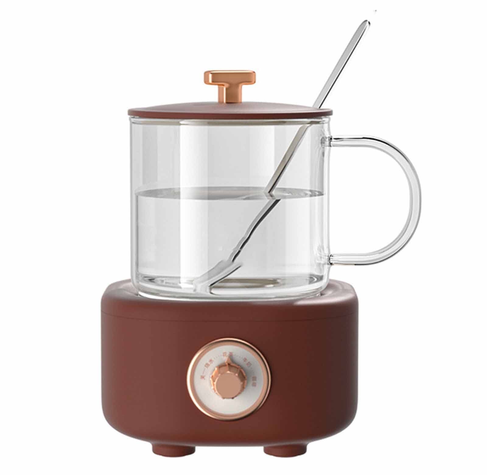 czajnik szklany, Mini H Wielofunkcyjny czajniczek Bojler na mleko Szklany wyciszenie dźwięku Gruba, odlewana ciśnieniowo aluminiowa płyta grzewcza Dzielony korpus filiżanki 400 ml(Brown)