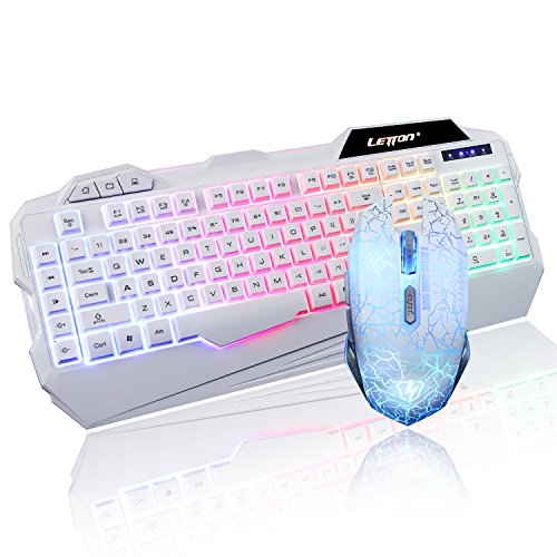 LETTON K1 7-Color LED Backlit Wired Gaming Keyboard and Mouse Combo Bundle for Windows PC Gamer Desktop, Computer (White) 