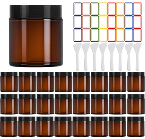 4 oz Amber Glass Jars with Lids,24 Pack 4oz Small Glass Jars with Lids & Inner Liners,4 Ounce Lotion Jar for Cosmetics Container,Cream Lotion,Body Scrub
