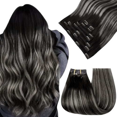 Image of Easyouth Clip in Hair Extensions Real Human Hair Ombre Hair Extensions Clip ins Real Human Hair Blend of Black and Silver with Black Roots Clips on Extension Human Hair 18Inch 120G 7Pcs