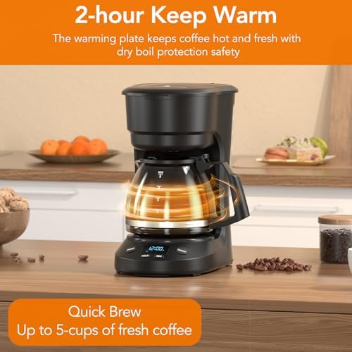 Electactic 5-Cup Drip Coffee Maker, a compact coffee machine with a digital clock and 24-hour programmable timer, featuring Auto Shut-Off, and a Removable Filter Basket for Home & Office-Deep Black - 3
