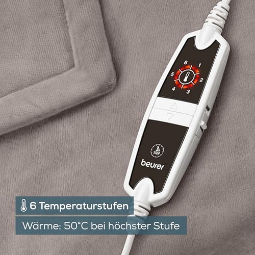 Beurer HD 150 XXL Heizdecke, elektrische Wärmedecke mit Abschaltautomatik, 200 x 150 cm, 6 Temperaturstufen, maschinenwaschbar, Kuscheldecke, taupe