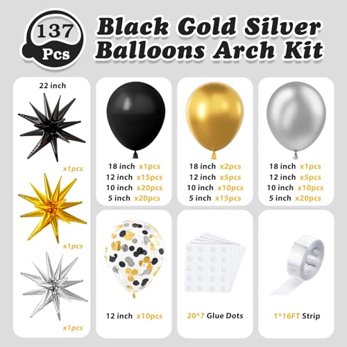 137Pcs Black Gold and Silver Balloons Garland Arch Kit with Stars - 5 10 12 18 inch Black Gold Silver Latex Party Balloons for New Year Birthday 2026 Graduation Retirement Party Decoration - Image 4