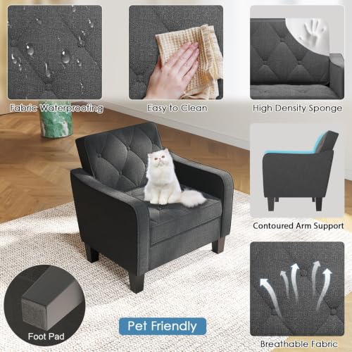 Image of STHOUYN Grey Accent Chairs, Wide Comfy Arm Chairs for Living Room, Office | STHOUYN Tufted Club Chair, Reading Chairs for Bedroom, Waiting Area Seating, Small Space Office Chairs, Supportive Wide Seat