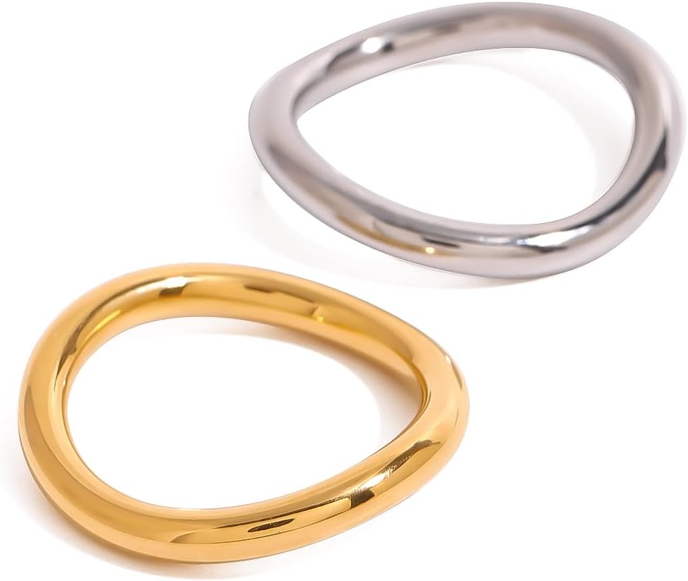 Waterproof Gold Plated Stackable Rings for Women Non Tarnish – Silver Gold Wave Dainty Rings Set – Water Resistant Never Fades Two-Toned Stacking Ring