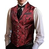 Barry.Wang Mens Silk Victorian Vest Tailored Collar Red Black Paisley Steampunk Gothic Waistcoat Formal/Leisure