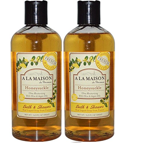 A La Maison de Provence Honeysuckle Liquid Bath and Shower Soap (Pack of 2) With Coconut Oil, Olive Oil and Vitamin E, 16.9 fl oz Each