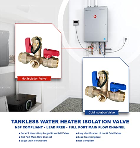 Image of Midline Valve GUHW-JTP3-U-MG Tankless Water Heater Kit- Set of 2 Heavy Duty Hot and Cold Isolation Valves with Cleanouts, Forged Brass, 1 in. FIP