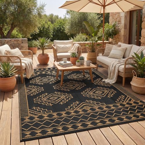 MilleLoom 8x10 Reversible Outdoor Rug, Waterproof Plastic Straw Rug for Patio Clearance, UV Resistant Modern Geometric Area Rug, Lightweight Portable Camping Mat for RV, Deck, Backyard, Black&Brown