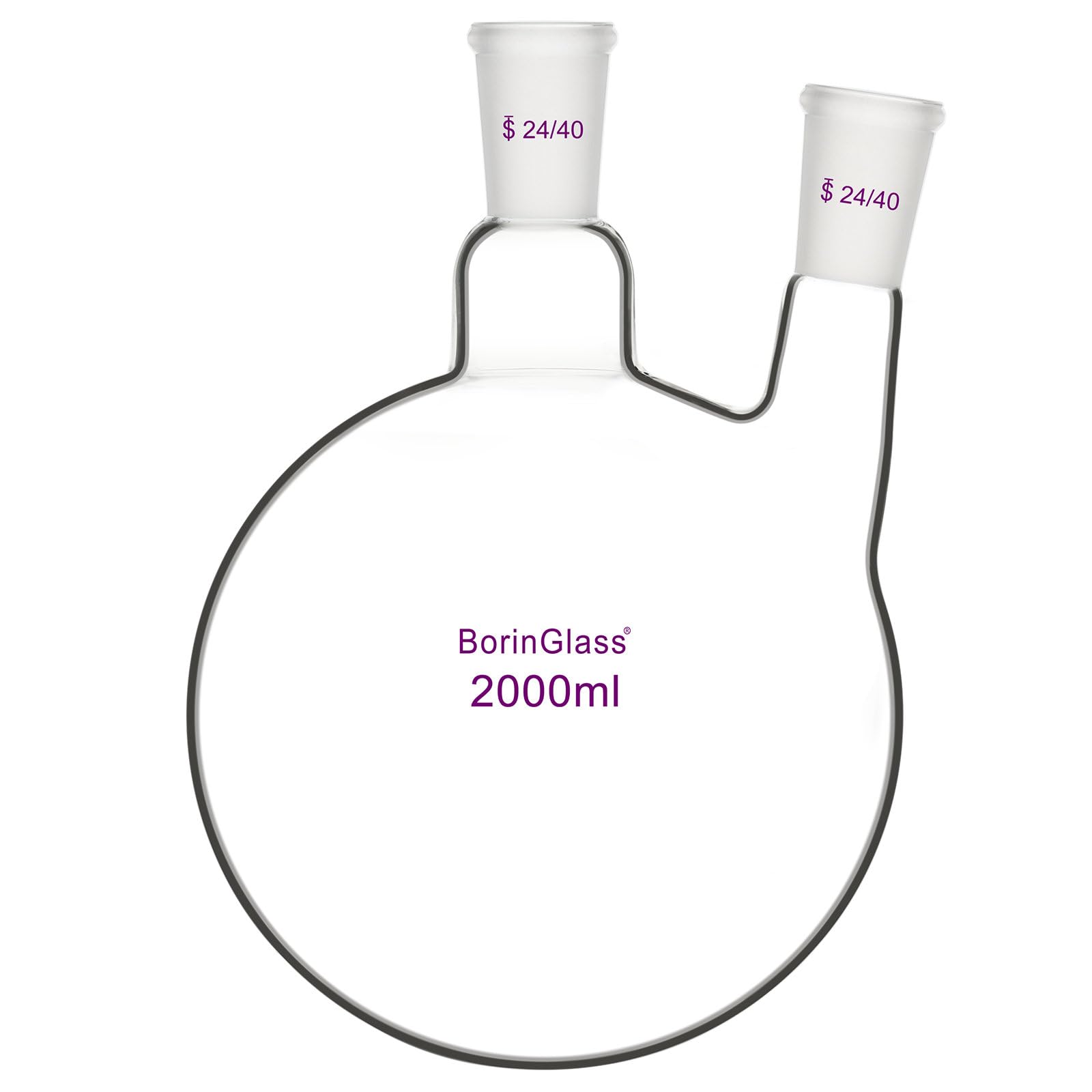 BorinGlass Zweihals-Rundkolben, Glas-Siedekolben mit zwei Hälsen und 24/40 Standard-Schliff-Außenverbindungen, 2000 ml