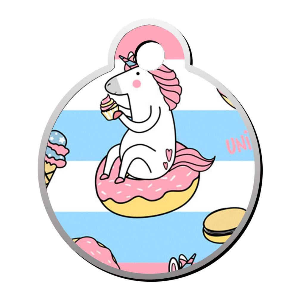 Customizable Round Shape ID Tags, Cool Unicorn with Donuts Personalized Double Sided Printed Pet Information Collar for Cat Dog