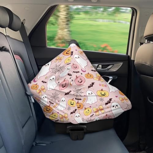Image of Wanyint Nursing Cover Carseat Canopy Cover Adorable Car Seat Covers for Babies Girls Boys Breathable Nursing Cover for Boys Girls Halloween Decor, Cute Ghost Pumpkin Cobweb Pink