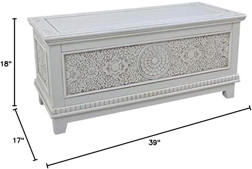 Pemberly Row Hardwood Carved Storage Trunk Bench, Antique White Finish, 39" W x 18" H x 17" D, Spacious Hinged Interior, Distressed Elegant Design, Multipurpose for Living Room, Bedroom, Entryway