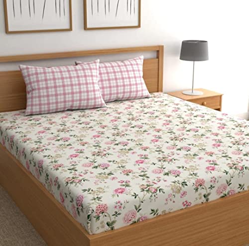 Image of King Size Double Bed Cotton-Blend Fabric Bedsheet with 2 Pillow Covers Bedsheet for King size-108x108 inches-2 XL Size Pillow Covers (White Pink)