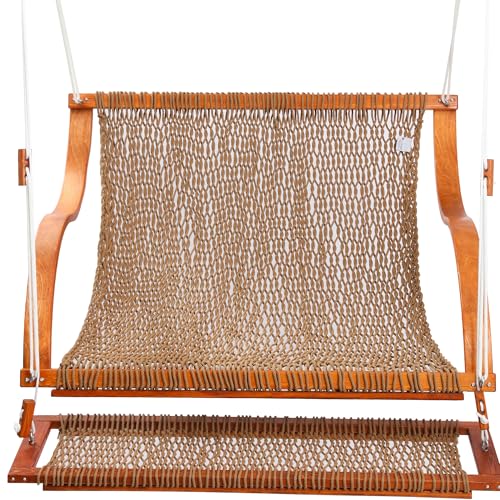 Image of SANIWERKE Porch Swing for 2, Double Hammock Swing with Footrest & S-Armrest, Adjustable Hanging, Durable Rope Net&Thick Wood, 650LBS, 50 inch Wide, Luxe Reclining Duo Swing for Casual Living(Rich Mocha)