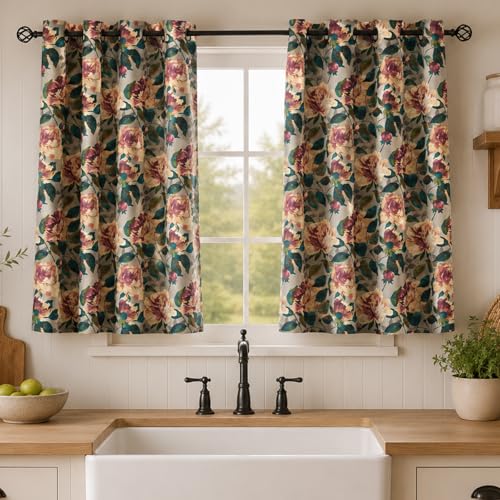 Image of ALIGOGO Floral Kitchen Curtains 54 Inch Length, Cottage Semi-Blackout Flower Curtains for Small Window, Light Filering Grommet Floral Drapes 2 Panels, 50W x 54L Inch, Taupe