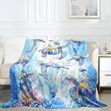 Sea Turtle Flannel Blanket 50x60 Inch - Blue Coral Throw for Marine Life Lovers for Boys, Girls, Women, Adults, Family, Friends - Suitable for Sofa, Travel