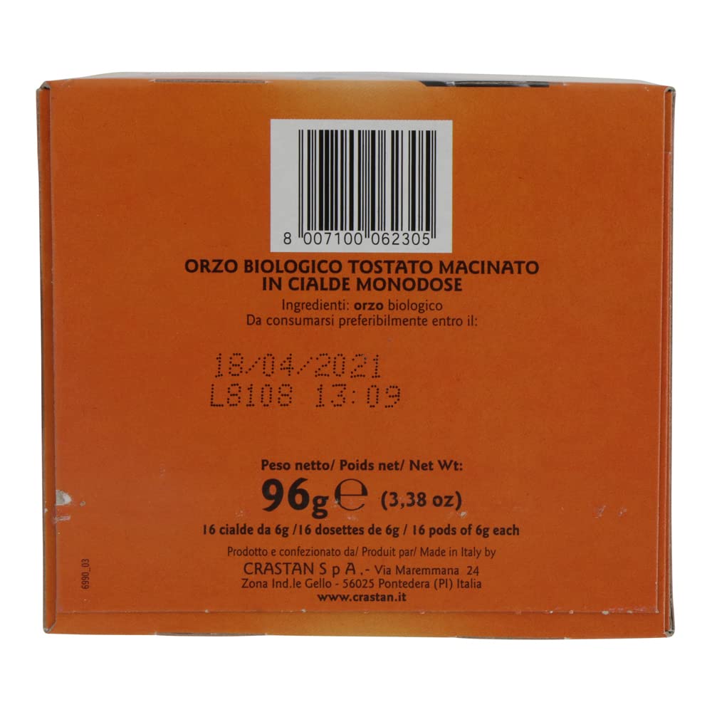 6 x Crastan Orzo Biologico en Cialde Cebada Bio-Cebada en Almohadillas de cebada tostada y molida, ideal para moca, infusión y espresso 96 g. Cada paquete contiene 16 almohadillas