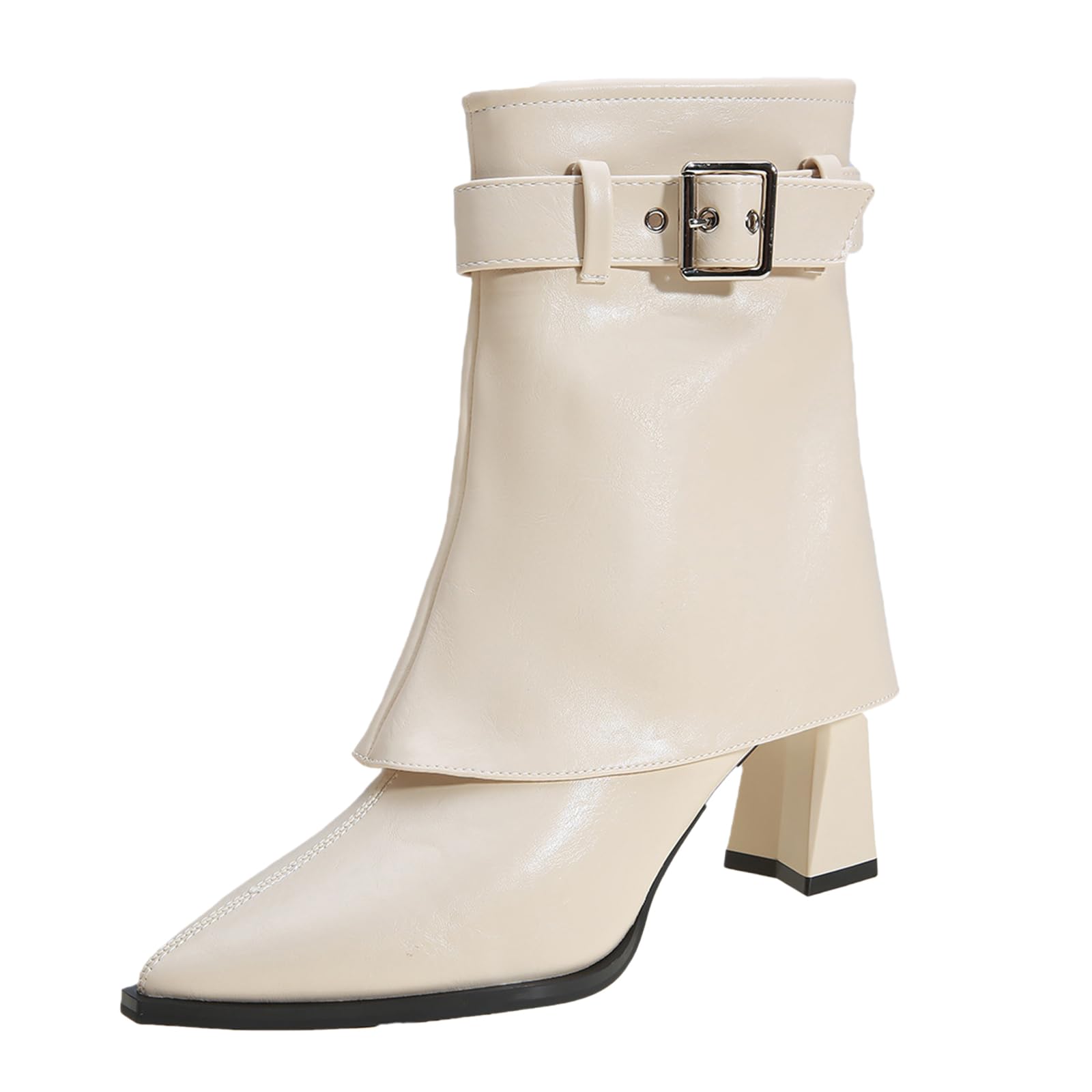 Womens Pointed Toe Chunky Heel Mid Calf Booties Fashion Comfortable With Side Zipper Buckle High Heel Dress Shoes