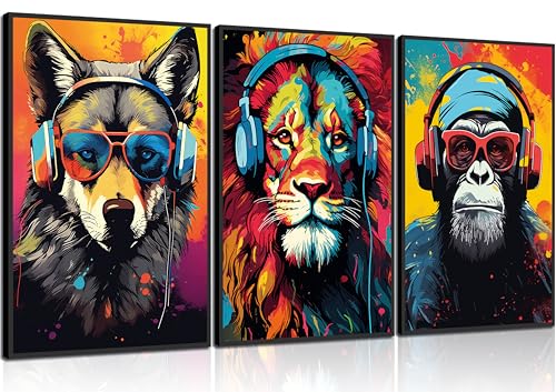 Lot de 3 affiches de graffiti d'animaux avec casque et lunettes de soleil, gorille, tigre, loup, impression sur toile colorée, peintures graffitis pour...