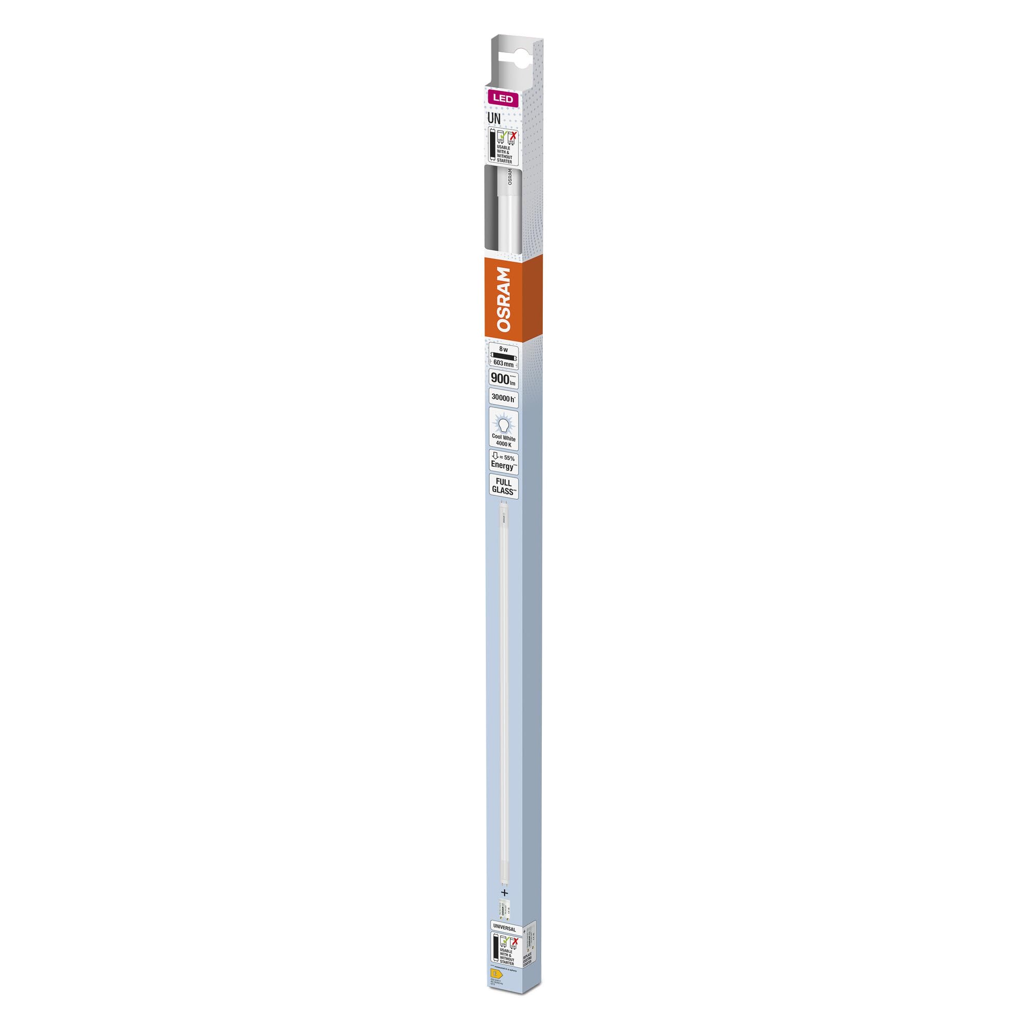 OSRAM Rurka LED T8 18 Un 600 mm, Liniowa Rurka LED, 8W, 900LM, 4000K, Zimne Białe Światło, Zamiennik LED dla Rur Lekkich T8 z Gniazdkami G13, Długa Żywotność