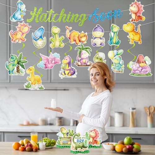 Image of Dinosaur Baby Shower Decorations, No-DIY Hatching Soon Banners Baby Shower Decorations Boys, Cartoon Dinosaur Hanging Swirls Honeycomb Centerpieces Party Decor