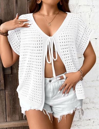 Womens Plus Size Tie Crochet Shrug Short Sleeve Lightweight Knit Cropped Cardigan Sweaters Cover Up L-4XL2