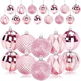 JULMELON 24PCS Pink Christmas Ball Ornaments, 60mm Shatterproof Tree Decor | Plastic, Xmas Tree Decorations, Wedding, Mothers Day Party, Assorted Style Decor, Large 2.4 in