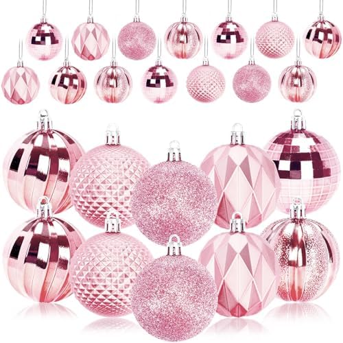 Ornaments - JULMELON 24PCS Large Christmas Balls Ornaments,60mm/2.4 in Shatterproof Plastic Decorative Xmas Tree Ornaments, Assorted Christmas Ball Ornaments for Wedding Mothers Day Party Decorations (Pink)