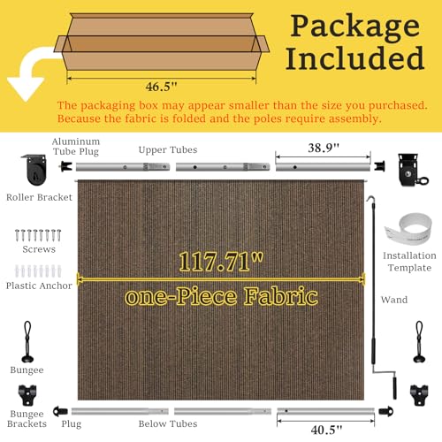 Image of 10' W x 8' H Cordless Outdoor Roller Shades, Mocha | 90% UV Block, Patio Roll Up Outdoor Blinds, 2 Poles & 1 Fabric, Exterior Sun Shade Cloth For Porch, Gazebo, Balcony, Pergola