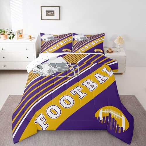 Erosebridal Football Fans Gifts Bedding, Football Themed Twin Comforter Set, Rugby Sports Game Bedding Comforters & Sets Graffiti Geometric Striped Quilt 2 Pieces, Purple and Yellow