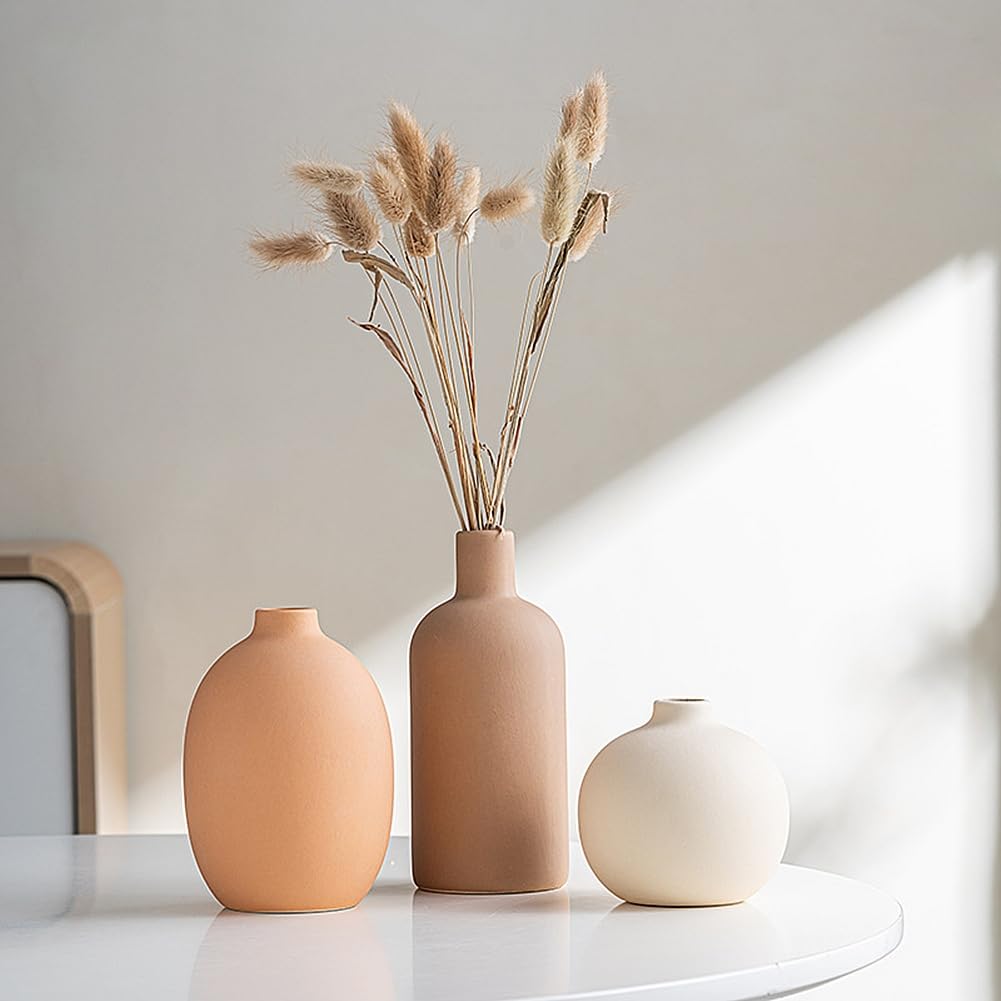 Juego de 3 Jarrones de Cerámica,Jarrones Deco Estética Neutra Boho Floreros Deco Escandinavos,decoración Moderna de la casa de Campo,para la Sala de Estar,el Estante (Castaño Claro Naranja Beige)