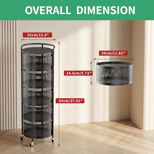 Image of JAQ No Assembly Rotating Kitchen Storage Rack, 5-Tier Metal Basket Organizer with Wheels, Large Capacity Vertical Storage Cart for Fruit Vegetable Pantry, Potato Onion Organizer, Black