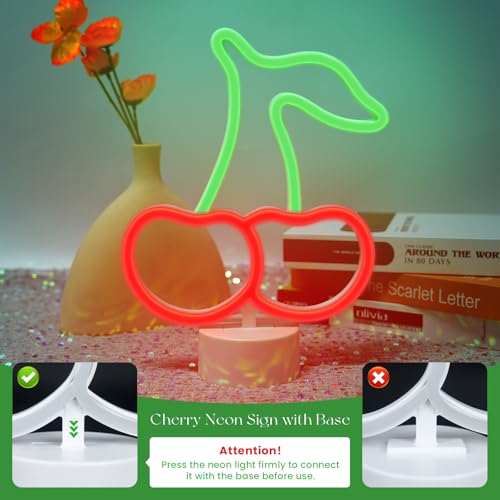 Image of Cherry Neon Sign with Base for Wall Decor Red Green Cherry Lights LED Signs Gift for Women Fruit Shape Neon Signs Cereza Birthday Party Home Living Room Decoration USB /Battery Powered