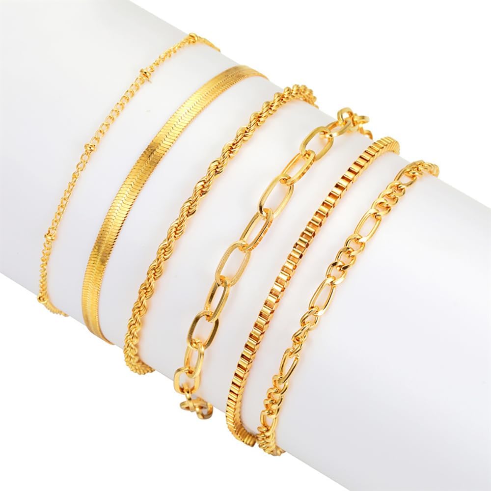 Gold Bracelets for Women Waterproof, 14K Gold Jewelry Sets Trendy Thin Dainty Stackable Cuban Link Paperclip Chain Bracelet Pack Fashion Accessories Gifts for Her - Image 5