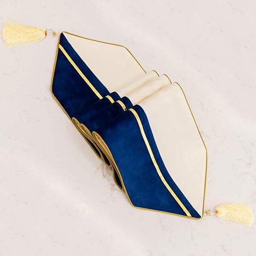 Miniatura 3 de Avigers 12 x 78 pulgadas - Camino de mesa decorativo de lujo de terciopelo con parches a rayas azul marino, blanco y dorado de cuero con borlas para