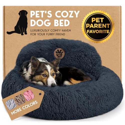 PetJett Calming Dog Bed Medium Size Dog - 30 Donut Bed Washable Dog Bed Anti-Slip & Super Soft Fluffy Plush Round Dog Bed Anti-Anxiety Premium Comfort Pet Bed Fits Dogs Upto 45 lbs - Dark Grey