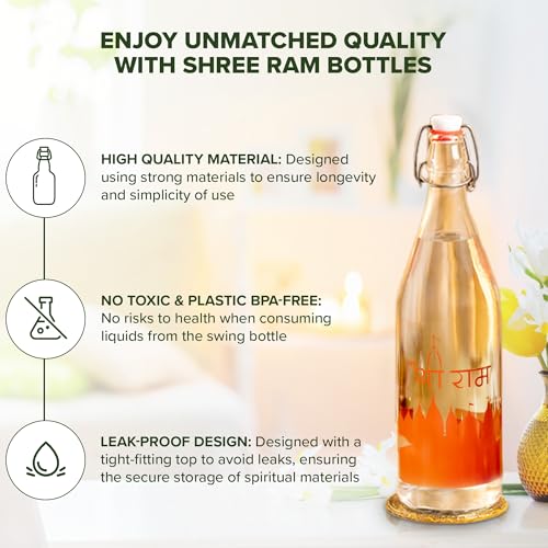 Image of SAND DUNE Glass Water Bottle Set of 1, 1000 ml, Ayodhya Mandir Printed, Clip Top Cap, Leak-Proof Bottle for Water, Milk, Gangajal, Panchamrit, Spiritual, Decor & Gifting