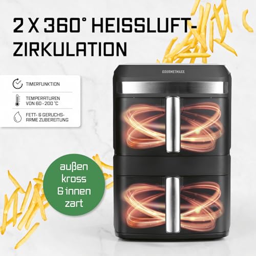 GOURMETmaxx FryUp XL vertikale Doppelkammer Heißluftfritteuse - 12 L | Airfryer mit Multi-Colour LED-Touchdisplay & 12 Programmen | Heissluftfritteuse 2 Kammern mit Oberhitze| SYNC- & MATCH-Funktion 5