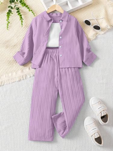 Image of Tagas Girls Casual Simple Style Polyester Solid Camisole Top, Long Sleeve Shirt And Straight Pants||3 Piece Set|| DRESS FOR GIRLS||(GCS-12)