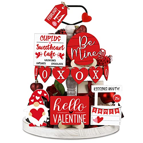 Jetec 12 Pcs Valentine's Day Tiered Tray Decor Set Heart Wood Sign XOXO Gnome Truck Rustic Farmhouse Tray Signs Table Decor for Romantic Valentine's Day Kitchen Home(Heart)