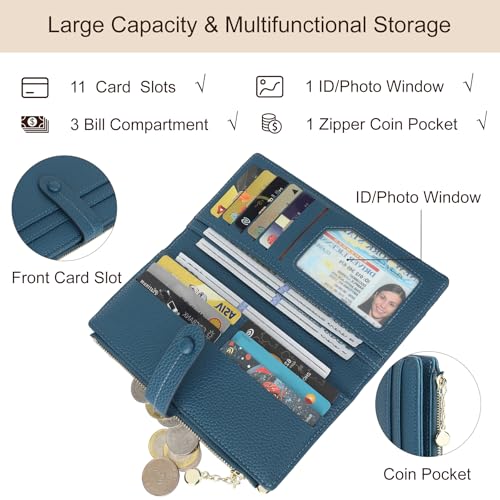 Thin Wallet for Women,PU Leather Bifold Credit Card Wallet,Compact Wallet with Large Clutch with Coin Purse,Smooth Zipper(Blue, Long)4