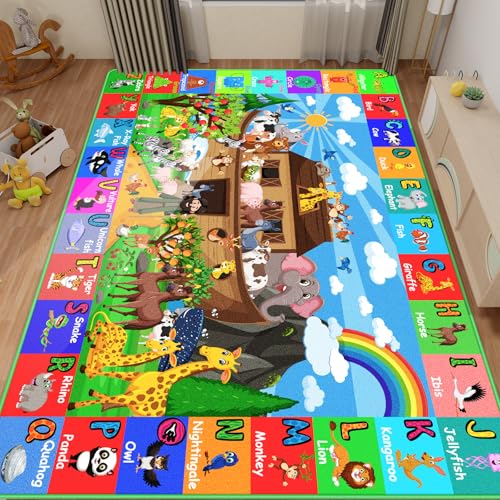 DINSUMRUG ABC Kids Rug for Playroom 78.7×59 in Noah's Ark Animals Rug Baby Play Mat Alphabet Playmat Shape Color Classroom Carpet Kids Playroom Early Learning Carpet for Preschool Toddlers Tummy Time